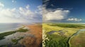 Photo depicting climate change different views of the same area of land