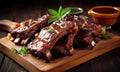 The photo depicts an attractive BBQ ribs