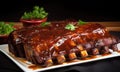 The photo depicts an attractive BBQ ribs