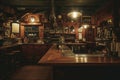 This photo depicts a bar counter filled with a large assortment of bottles, offering a wide selection of drinks, An old-fashioned