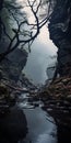 Misty River In The Cave: A Haunting Composition Of Dark And Twisted Beauty