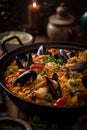 Spanish paella with seafood on the table close-up