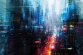 This photo depicts a detailed painting of a bustling city with a multitude of tall buildings reaching into the sky, Abstract,