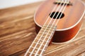 Photo depicts musical instrument ukulele guitar on a wooden Royalty Free Stock Photo