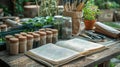 Planning Your Dream Garden: Seed Packets, Tools, and Notebook on a Table for Organizing and Sketching Ideas