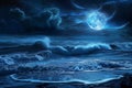 This photo depicts a painting featuring a full moon shining brightly over the vast expanse of the ocean, Ocean waves in moonlight Royalty Free Stock Photo