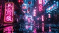Rainy Cyberpunk Alley with Futuristic Neon Signs and Mysterious Figure