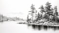 Serene Black And White Pencil Drawing Of Pine Trees By The Water Royalty Free Stock Photo