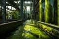 This photo depicts a sizable green plant containing a plentiful amount of water, creating a visually striking image, An industrial
