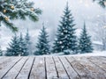 Snowy winter landscape with a wooden table. Merry Christmas and Happy New Year background with snow-covered trees. Royalty Free Stock Photo