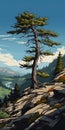 Juniper Forest: Bold Graphic Illustration Of A Pine Tree On A Cliff