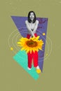 Photo design collage of young crazy overjoyed girl start periods sunflower menstruation funny reaction isolated on green