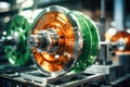 Photo of a detailed image of a mechanical device with a vibrant green and orange wheel. Modern metal processing at an industrial