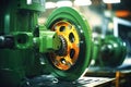 Photo of a detailed shot of a vibrant green machine with bright yellow wheels. Modern metal processing at an industrial enterprise