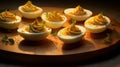 Photo of deviled eggs arranged on a rustic wooden platter