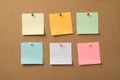 Photo of different colorful memo papers attached with pins to the wooden board Royalty Free Stock Photo