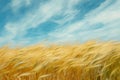 This photo displays a painting depicting a wheat field with a blue sky as the backdrop, Brush strokes mimicking a windy day in a Royalty Free Stock Photo