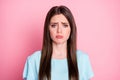 Photo of displeased lady crying offended boyfriend wear casual blue t-shirt isolated pink pastel color background