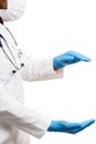 Photo of doctor with phonendoscope in blue rubber gloves holding hands in form of circle. Royalty Free Stock Photo