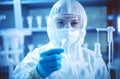 photo doctors chemist researchers in white coat analysing blood test tube in equipped laboratory