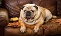 Photo of a dog relaxing on a couch next to a tempting plate of food