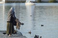 Photo of a domestic scene: an old woman feeds ducks on a pond.