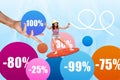 Photo doodle drawn collage illustration artwork of young girl surfing money finance black friday sale isolated on blue Royalty Free Stock Photo