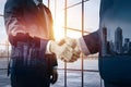 Photo Double exposure of business partnership handshake and modern city skyline, symbolizing successful agreements