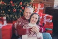 Photo of dream retired lover couple comfy embrace enjoy rest wear deer print pullover in decorated home indoors