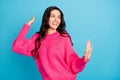 Photo of dreamy happy woman enjoy weekend rest dance look empty space isolated on blue color background