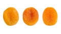 Photo of dried apricots high resolution isolated on white background. A set of three pieces, top view