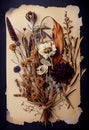 Photo dried flowers and plants over antique vintage card. Generate Ai