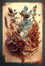 Photo dried flowers and plants over antique vintage card. Generate Ai