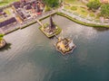 Photo from the drone. Aerial view of Pura Ulun Danu Bratan, Bali. Hindu temple surrounded by flowers on Bratan lake Royalty Free Stock Photo