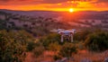 Photo of a drone with a camera flying in the sky at sunset, remote control aerial photography, in the style of 2D