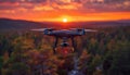 Photo of a drone with a camera flying in the sky at sunset, remote control aerial photography, in the style of 2D