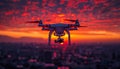 Photo of a drone with a camera flying in the sky at sunset, remote control aerial photography, in the style of 2D