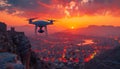 Photo of a drone with a camera flying in the sky at sunset, remote control aerial photography, in the style of 2D