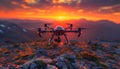 Photo of a drone with a camera flying in the sky at sunset, remote control aerial photography, in the style of 2D