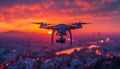 Photo of a drone with a camera flying in the sky at sunset, remote control aerial photography, in the style of 2D