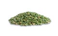 Photo of dry green pea isolated on a white background. Pea groats poured a hill. Protein-rich porridge