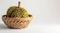 Photo of a durian fruit placed in a woven basket against a white backdrop Royalty Free Stock Photo
