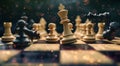 Photo Dynamic 3D chess board clash, strategic battle for triumph concept