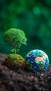 Photo Earth friendly power Tree and globe symbolize sustainable clean energy sources