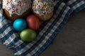 Photo of Easter cake and eggs. Traditional Russian and Ukrainian Easter cake kulich and painted eggs