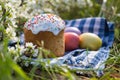Photo of Easter cake and eggs. Traditional Russian and Ukrainian Easter cake kulich and painted eggs Royalty Free Stock Photo