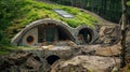A photo of an ecofriendly underground house during construction, with workers visible, installing green roofing and Royalty Free Stock Photo