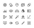 Photo editing line icons. Camera image correction, beautifier filters, contrast and light balance tools. Vector healing