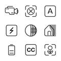 Photo editor icon set include camera, device, video, record, focus, none, auto, optional, flash, option, shade, shadow, contras,