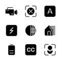 Photo editor icon set include camera, device, video, record, focus, none, auto, optional, flash, option, shade, shadow, contras,